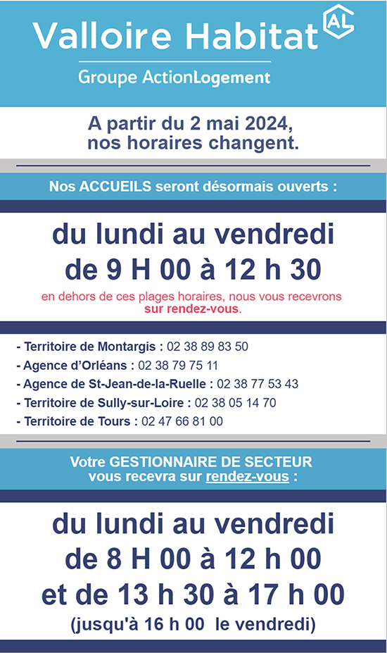 A partir du 2 mai 2024, nos horaires changent : nos accueils seront ouverts du lundi au vendredi de 9h00 à 12h30